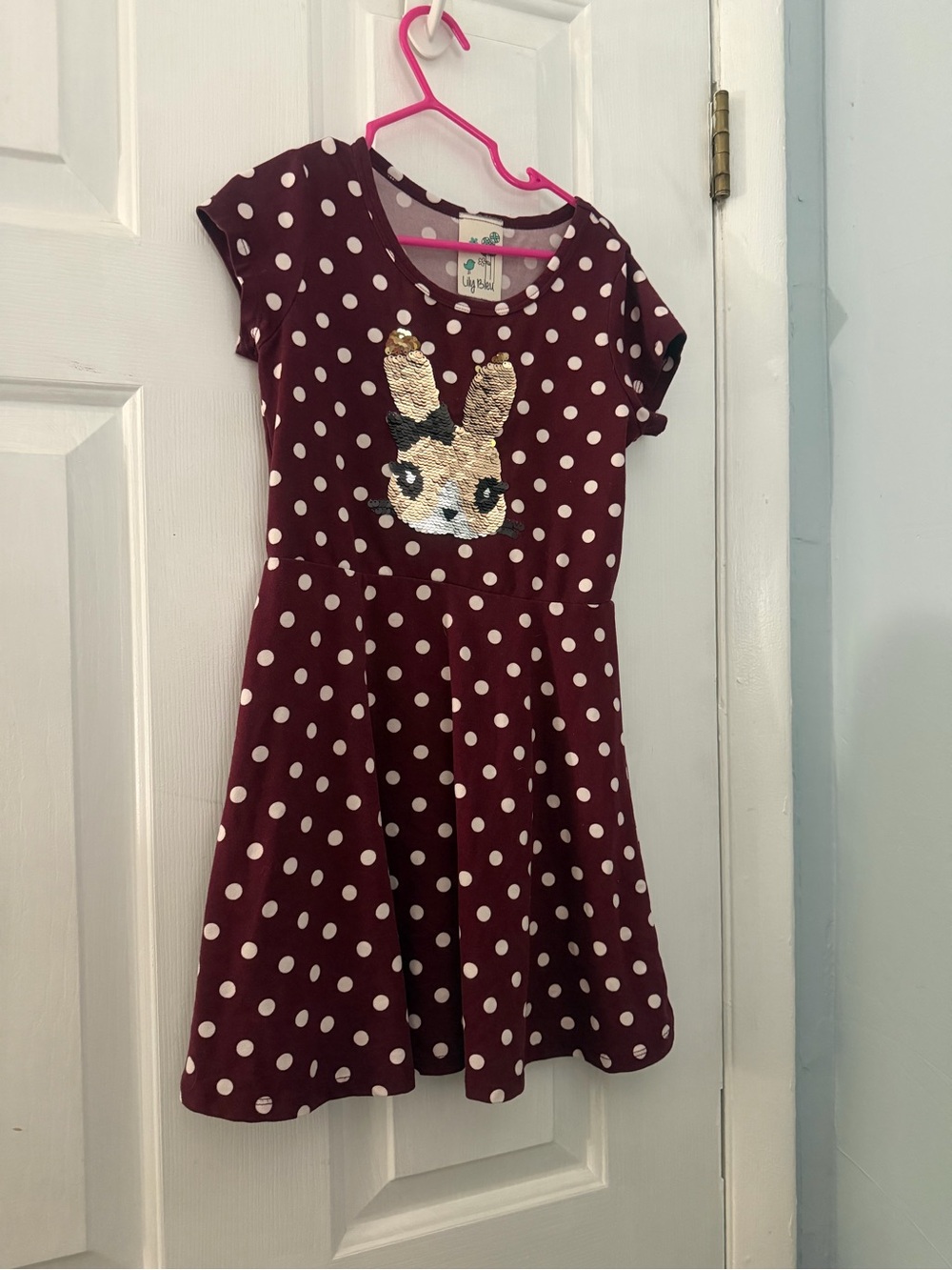 Lily Bleu Girls Size 6 Burgundy Polka Dot Reversible Sequin Bunny Dress